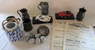 Various items inc die cast cars, pewter and silver plate tankards, onyx eggs, Illustrated news etc