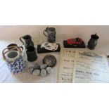 Various items inc die cast cars, pewter and silver plate tankards, onyx eggs, Illustrated news etc
