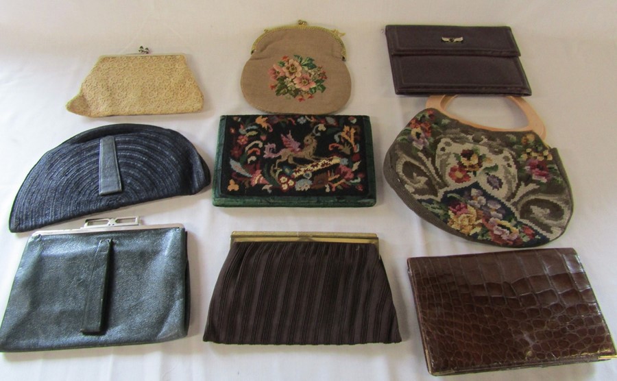 Selection of vintage handbags inc crocodile handbag with 9ct gold corner mounts