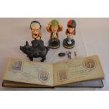 3 John Smith miniature talking horse racing figures, small cast iron flying pig money box, Edwardian