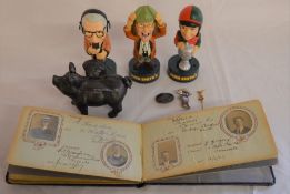3 John Smith miniature talking horse racing figures, small cast iron flying pig money box, Edwardian