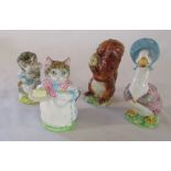 4 Beswick Beatrix Potter undated figurines - Miss Moppet, Jemima Puddleduck, Squirrel Nutkin and