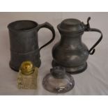 2 Victorian pewter quart tankards, 1890 Betjamann's patent partners inkwell & one other