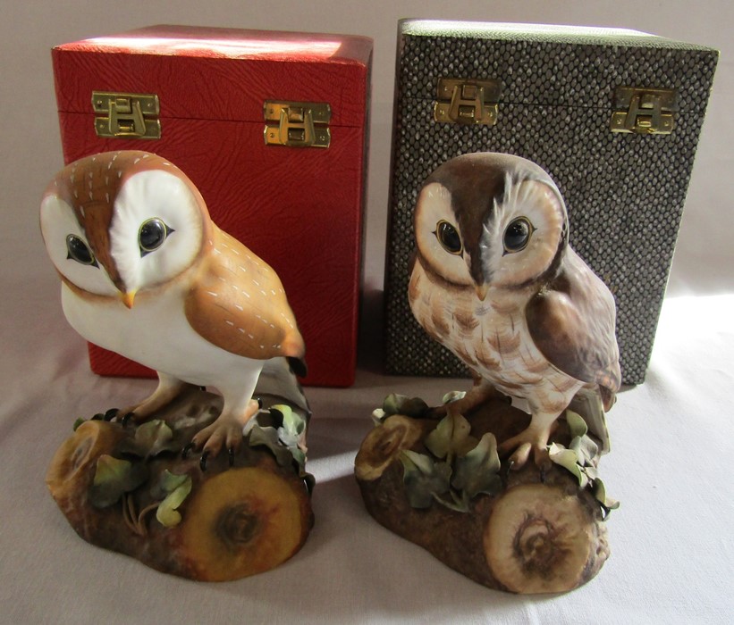 2 boxed Royal Crown Derby owls - brown owl signed D Payne H 14.5 cm and barn owl signed H Weson H