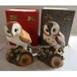2 boxed Royal Crown Derby owls - brown owl signed D Payne H 14.5 cm and barn owl signed H Weson H