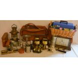 Various including pewter, pen tray & blotter, hip flask, opera glasses, lamp etc