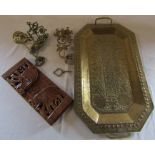 Brass tray L 61 cm (excluding handles), wooden sliding book shelf, brass bell etc