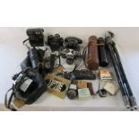Selection of cameras and camera equipment inc Nikon FE camera, Miranda, Polaroid and Canon