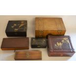 6 boxes including Tunbridge ware jewellery box & Japanese lacquer boxes