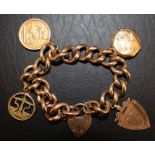 9ct gold curb chain bracelet with 2 fobs, locket & 1914 full sovereign in 9ct gold mount total