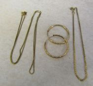 Pair of 9ct gold hoop earrings 0.7 g, 9ct bracelet 0.9 g and 9ct gold necklace 1.6 g L 45 cm