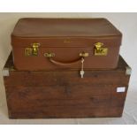 Wooden tea box 'steam ahead tea' Ht 27cm L 56cm & an Antler suitcase