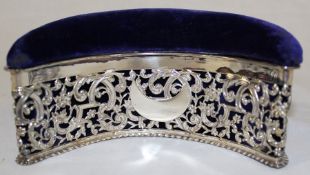 Victorian silver mounted crescent shape box with pin cushion lid Sheffield 1898 by James Dixon &