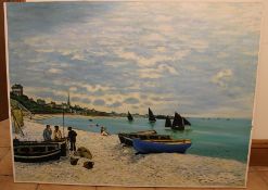 Large oil on canvas copy of Monet's The Beach at Sainte Adresse 122cm x 92.5cm