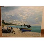 Large oil on canvas copy of Monet's The Beach at Sainte Adresse 122cm x 92.5cm