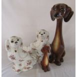 Pair of Staffordshire style spaniels H 30 cm & 2 Jema Holland long necked Dachshund figures number