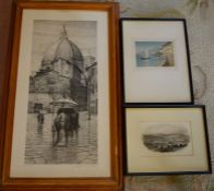 Framed limited edition black & white print of a street scene, limited edition original aquatint '