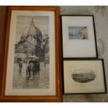 Framed limited edition black & white print of a street scene, limited edition original aquatint '