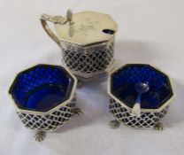 Pair of silver salts and a mustard pot Birmingham 1897/88 with silver salt spoon Birmingham 1931