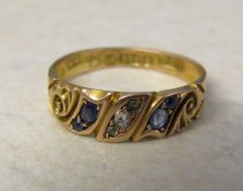 Victorian 15ct gold sapphire and diamond ring Chester 1899 size M weight 2.4 g