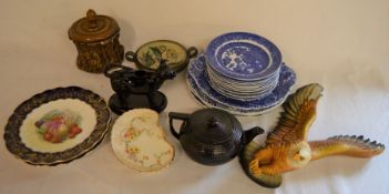 Various ceramics including a Jackfield style cow creamer, tobacco jar, Spode Italian plates etc