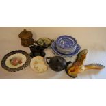 Various ceramics including a Jackfield style cow creamer, tobacco jar, Spode Italian plates etc