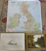 Large map of the British Isles, gilt framed oil on canvas of a woodland scene signed Fellows 76 46.4