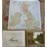 Large map of the British Isles, gilt framed oil on canvas of a woodland scene signed Fellows 76 46.4