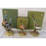 3 boxed Royal Crown Derby birds - robin H 10 cm signed Freestone, Fairy wrens H 17 cm signed M.E.T