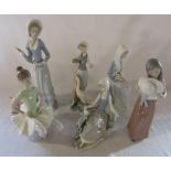 6 Lladro figurines inc ballerina H 24 cm, woman feeding a goose H 26 cm and lady with parasol H 32