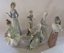 6 Lladro figurines inc ballerina H 24 cm, woman feeding a goose H 26 cm and lady with parasol H 32