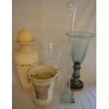 Large glass storm lantern, large glass vase, tall specimen vase, 2 ceramic vases & an ostrich egg