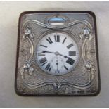 White metal goliath pocket watch D 6.5 cm in an silver Art Nouveau fronted travel case Birmingham