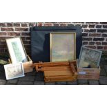 Sporting print, gilded landscape, artist's easels, folio holder, vintage port & wine cases etc