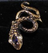 Tested as possibly 14ct snake ring set with pearl eyes and sapphire, size R, weight approximately