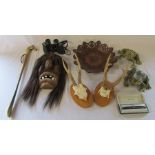 Tribal mask, Tasco 7 x 35 mm binoculars, mounted horns, Parker pen etc