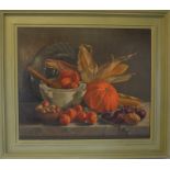 Large oil on board still life of fruit & vegetables with a pewter dish signed Crin Gale '89. Frame