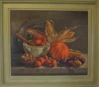 Large oil on board still life of fruit & vegetables with a pewter dish signed Crin Gale '89. Frame