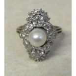 Platinum diamond cluster ring with central pearl, diamond total 1.6 - 1.75 ct, size O total weight