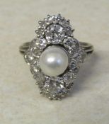 Platinum diamond cluster ring with central pearl, diamond total 1.6 - 1.75 ct, size O total weight