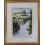 Framed watercolour by Lincolnshire artist John Brookes of a rural scene with cow in foreground 39 cm