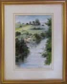 Framed watercolour by Lincolnshire artist John Brookes of a rural scene with cow in foreground 39 cm