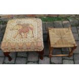 Large upholstered footstool & small woven rush stool