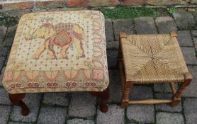 Large upholstered footstool & small woven rush stool