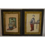 2 19th century oriental silk watercolours depicting a man & a woman. Frame size 39cm by 29cm