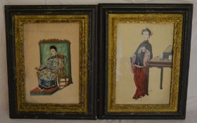 2 19th century oriental silk watercolours depicting a man & a woman. Frame size 39cm by 29cm