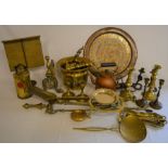 Various items of cooper & brass including fire irons