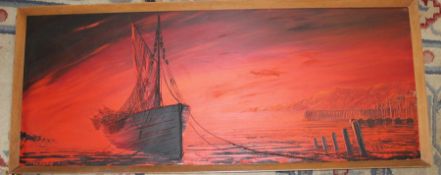 Large oil on board depicting ship by Passeur approx. 52cm x 126.5cm including frame