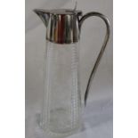Etched and hobnail cut clear glass claret jug with silver plated lid & handle 26.5cm high