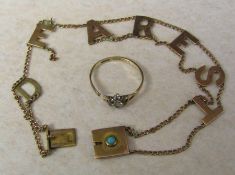 9ct gold 'Dearest' bracelet weight 4.3 g & a 9ct gold dress ring weight 1 g (both af)
